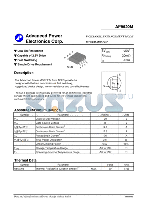 AP9620M datasheet - P-CHANNEL ENHANCEMENT MODE POWER MOSFET