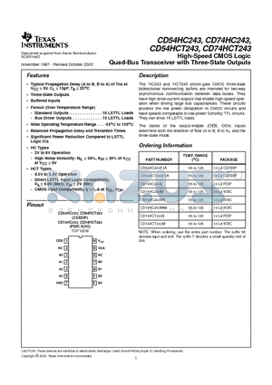 CD74HC243M96G4 datasheet - High-Speed CMOS Logic Quad-Bus Transceiver with Three-State Outputs