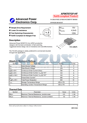 AP96T07GP-HF datasheet - Simple Drive Requirement Lower On-resistance