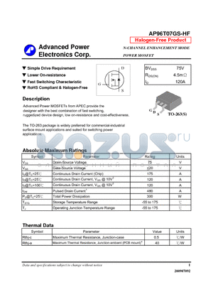 AP96T07GS-HF datasheet - N-CHANNEL ENHANCEMENT MODE POWER MOSFET