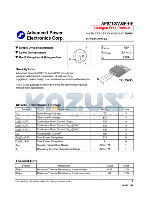 AP97T07AGP-HF datasheet - N-CHANNEL ENHANCEMENT MODE POWER MOSFET