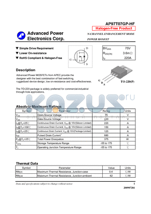 AP97T07GP-HF datasheet - N-CHANNEL ENHANCEMENT MODE POWER MOSFET