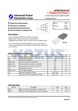 AP98T03GW-HF datasheet - Simple Drive Requirement, Ultra-low On-resistance