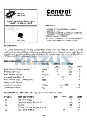 CMR1S-01 datasheet - SUPER FAST RECOVERY RECTIFIER 1.0 AMP, 100 AND 200 VOLTS