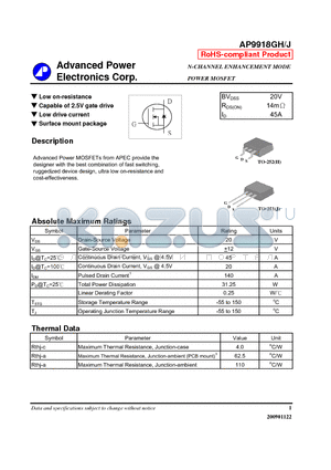 AP9918GH datasheet - Low on-resistance, Capable of 2.5V gate drive