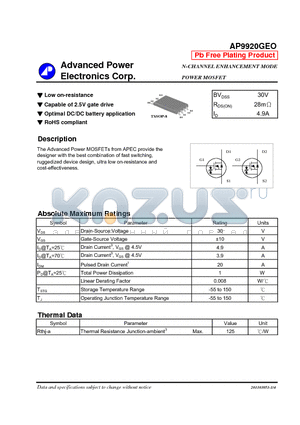 AP9920GEO datasheet - N-CHANNEL ENHANCEMENT MODE POWER MOSFET