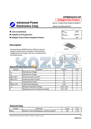 AP9924AGO-HF datasheet - Low on-resistance, Capable of 2.5V gate drive