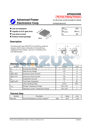 AP9926GEM datasheet - N-CHANNEL ENHANCEMENT MODE POWER MOSFET