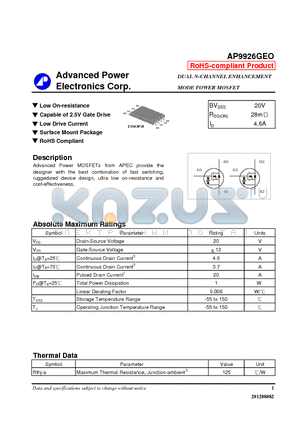 AP9926GEO datasheet - Capable of 2.5V Gate Drive, Surface Mount Package