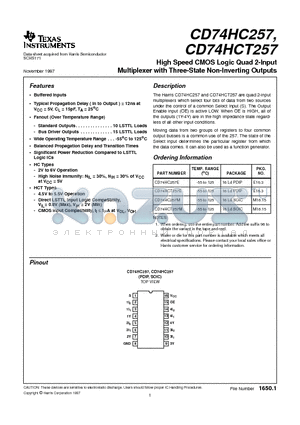 CD74HC257 datasheet - High Speed CMOS Logic Quad 2-Input Multiplexer with Three-State Non-Inverting Outputs