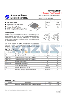 AP9926GM-HF datasheet - Capable of 2.5V Gate Drive, Surface Mount Package