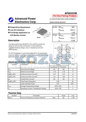 AP9932GM datasheet - Simple Drive Requirement, Full Bridge Application on LCD Monitor Inverter