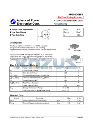 AP9960GJ datasheet - N-CHANNEL ENHANCEMENT MODE POWER MOSFET