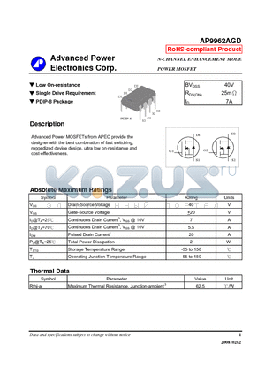 AP9962AGD datasheet - N-CHANNEL ENHANCEMENT MODE POWER MOSFET