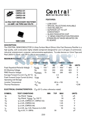 CMR2U-01 datasheet - ULTRA FAST RECOVERY RECTIFIER 2.0 AMP, 100 THRU 600 VOLTS