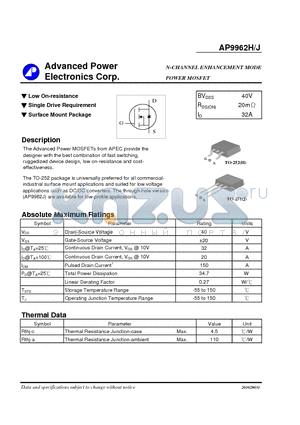 AP9962H datasheet - N-CHANNEL ENHANCEMENT MODE