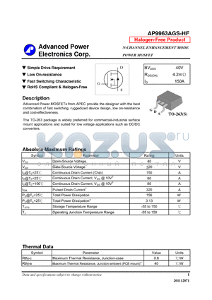 AP9963AGS-HF datasheet - N-CHANNEL ENHANCEMENT MODE POWER MOSFET