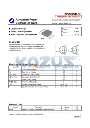 AP9966GM-HF datasheet - N-CHANNEL ENHANCEMENT MODE POWER MOSFET