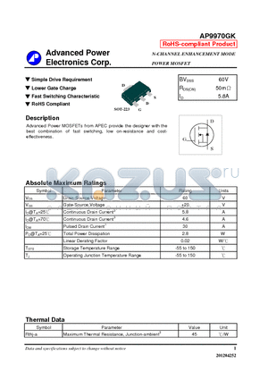 AP9970GK datasheet - N-CHANNEL ENHANCEMENT MODE POWER MOSFET