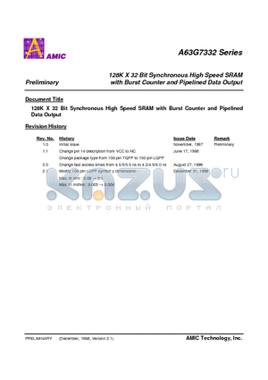 A63G7332 datasheet - 128K X 32 Bit Synchronous High Speed SRAM with Burst Counter and Pipelined Data Output