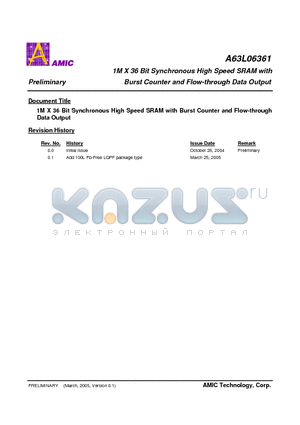 A63L06361 datasheet - 1M X 36 Bit Synchronous High Speed SRAM with Burst Counter and Flow-through Data Output