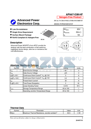 AP9971GM-HF datasheet - N-CHANNEL ENHANCEMENT MODE POWER MOSFET