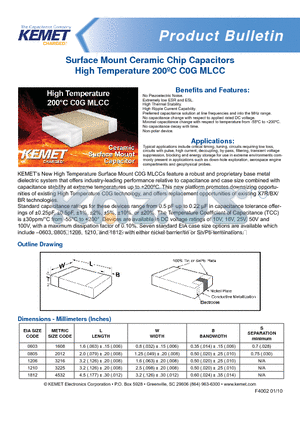 C0603H124C4GACTU datasheet - Surface Mount Ceramic Chip Capacitors High Temperature 200jC C0G MLCC