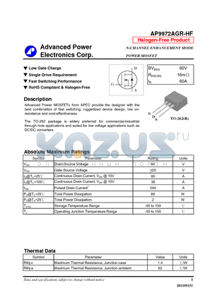 AP9972AGR-HF datasheet - N-CHANNEL ENHANCEMENT MODE POWER MOSFET