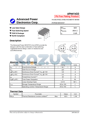 AP9973GD datasheet - N-CHANNEL ENHANCEMENT MODE POWER MOSFET