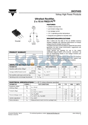 30CPH03 datasheet - Ultrafast Rectifier, 2 x 15 A FRED PtTM