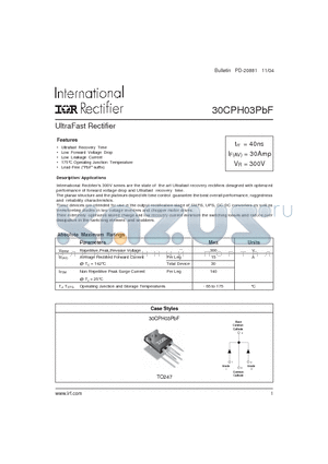 30CPH03PBF datasheet - UltraFast Rectifier