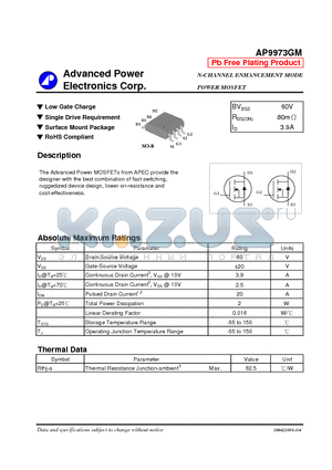 AP9973GM datasheet - N-CHANNEL ENHANCEMENT MODE POWER MOSFET