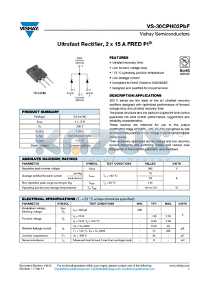30CPH03PBF datasheet - Ultrafast Rectifier, 2 x 15 A FRED Pt