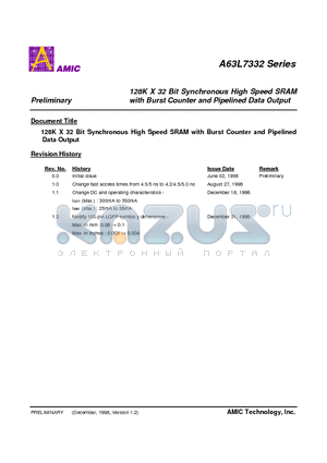 A63L7332 datasheet - 128K X 32 Bit Synchronous High Speed SRAM with Burst Counter and Pipelined Data Output