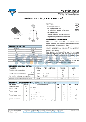 30CPH03PBF_11 datasheet - Ultrafast Rectifier, 2 x 15 A FRED Pt