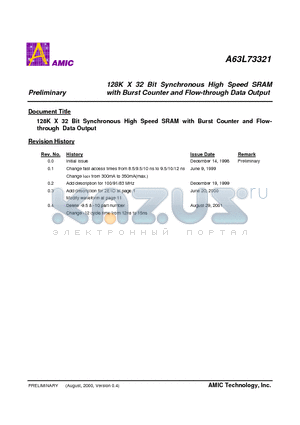 A63L73321 datasheet - 128K X 32 Bit Synchronous High Speed SRAM with Burst Counter and Flow-through Data Output