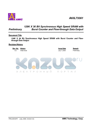 A63L73361E-6.5 datasheet - 128K X 36 Bit Synchronous High Speed SRAM with Burst Counter and Flow-through Data Output