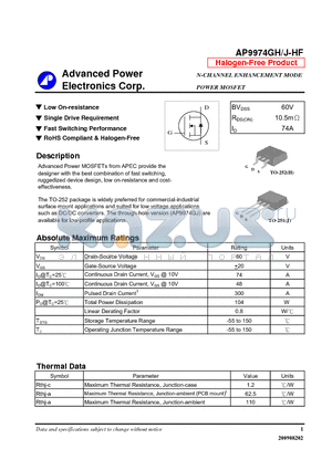 AP9974GJ-HF datasheet - N-CHANNEL ENHANCEMENT MODE POWER MOSFET