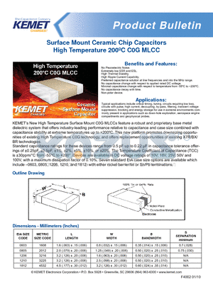 C0603H124K6GACTU datasheet - Surface Mount Ceramic Chip Capacitors High Temperature 200jC C0G MLCC