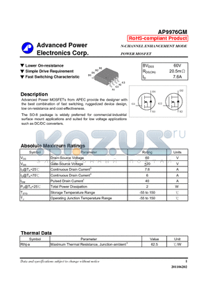 AP9976GM datasheet - N-CHANNEL ENHANCEMENT MODE POWER MOSFET