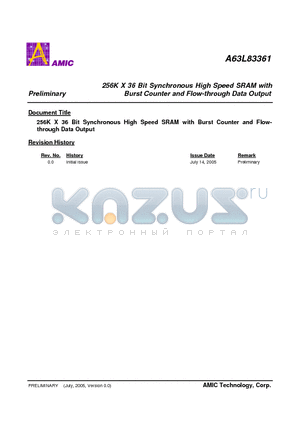 A63L83361 datasheet - 256K X 36 Bit Synchronous High Speed SRAM with Burst Counter and Flow-through Data Output