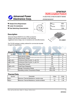 AP9978GP datasheet - N-CHANNEL ENHANCEMENT MODE POWER MOSFET