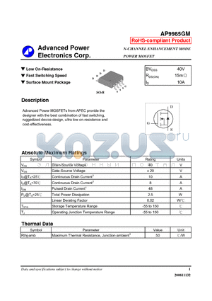 AP9985GM datasheet - N-CHANNEL ENHANCEMENT MODE POWER MOSFET