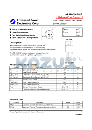 AP9990GIF-HF datasheet - N-CHANNEL ENHANCEMENT MODE POWER MOSFET