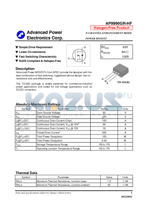 AP9990GR-HF datasheet - N-CHANNEL ENHANCEMENT MODE POWER MOSFET