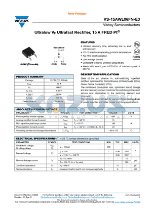 15AWL06FNTR-E3 datasheet - Ultralow VF Ultrafast Rectifier, 15 A FRED Pt^