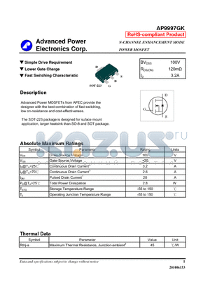 AP9997GK datasheet - N-CHANNEL ENHANCEMENT MODE POWER MOSFET