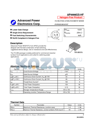 AP9998GS-HF datasheet - N-CHANNEL ENHANCEMENT MODE POWER MOSFET