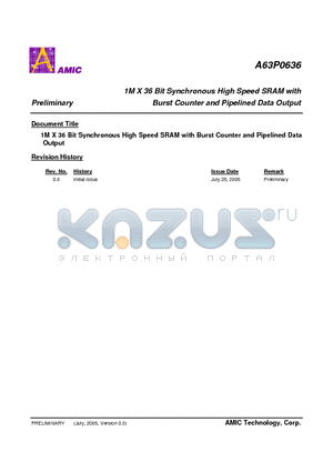 A63P0636E-2.8F datasheet - 1M X 36 Bit Synchronous High Speed SRAM with Burst Counter and Pipelined Data Output