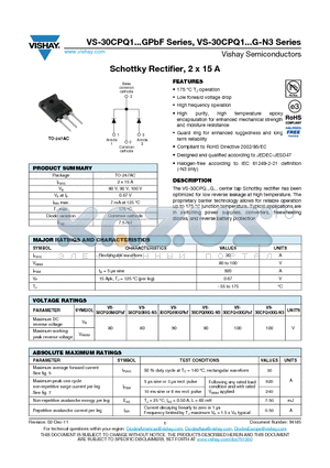 30CPQ100G-N3 datasheet - Schottky Rectifier, 2 x 15 A
